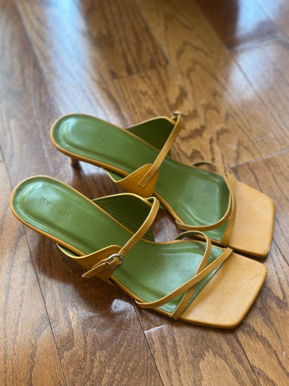 By Far Mustard Yellow Leather Strappy Block Heel Sandals Square Toe Size 38